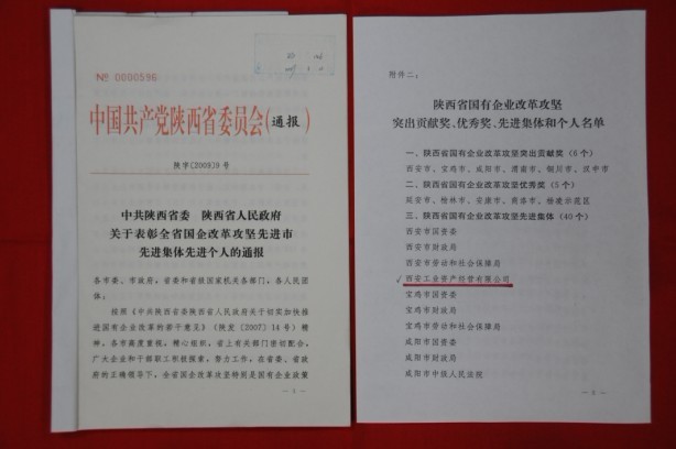 2009年2月，被陜西省委、省政府授予陜西省國有企業(yè)改革攻堅(jiān)先進(jìn)集體